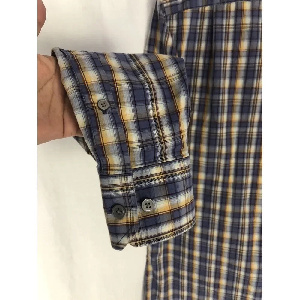Banana Republic Shirt Mens S Blue Yellow‎ Plaid Button Front Roll Tab Sleeve
